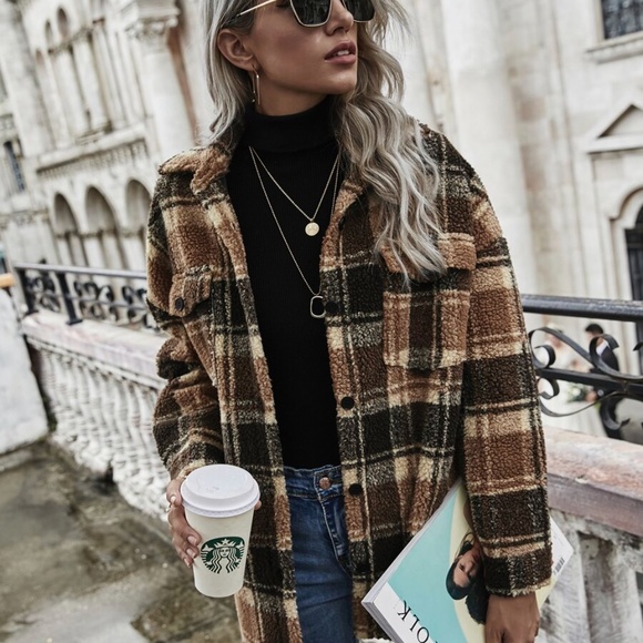 Sherpa plaid brown black button down teddy jacket - Picture 3 of 6